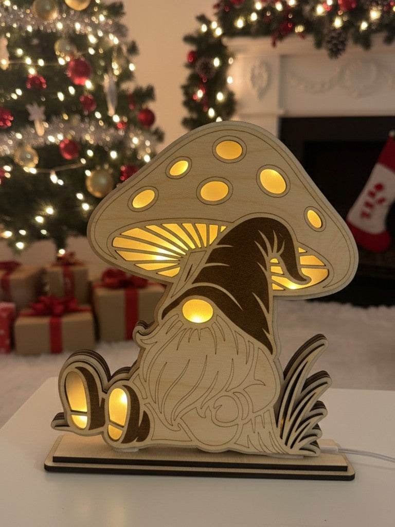 Lampada gnomo con fungo in legno